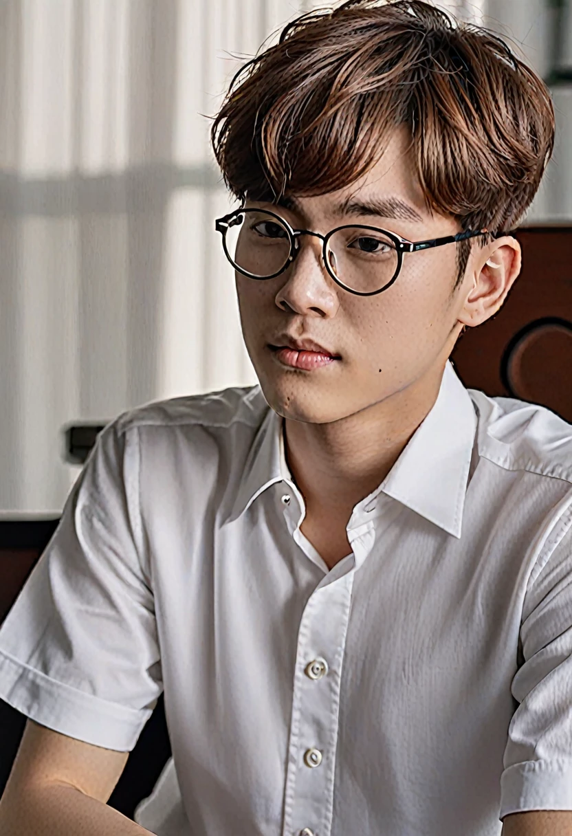 A handsome young man with a striking resemblance to a popular K-pop idol sits pensively, his gaze fixed upon us. He wears a crisp white shirt, complete with a collar and short sleeves, and a pair of stylish glasses. His short brown hair is neatly styled.