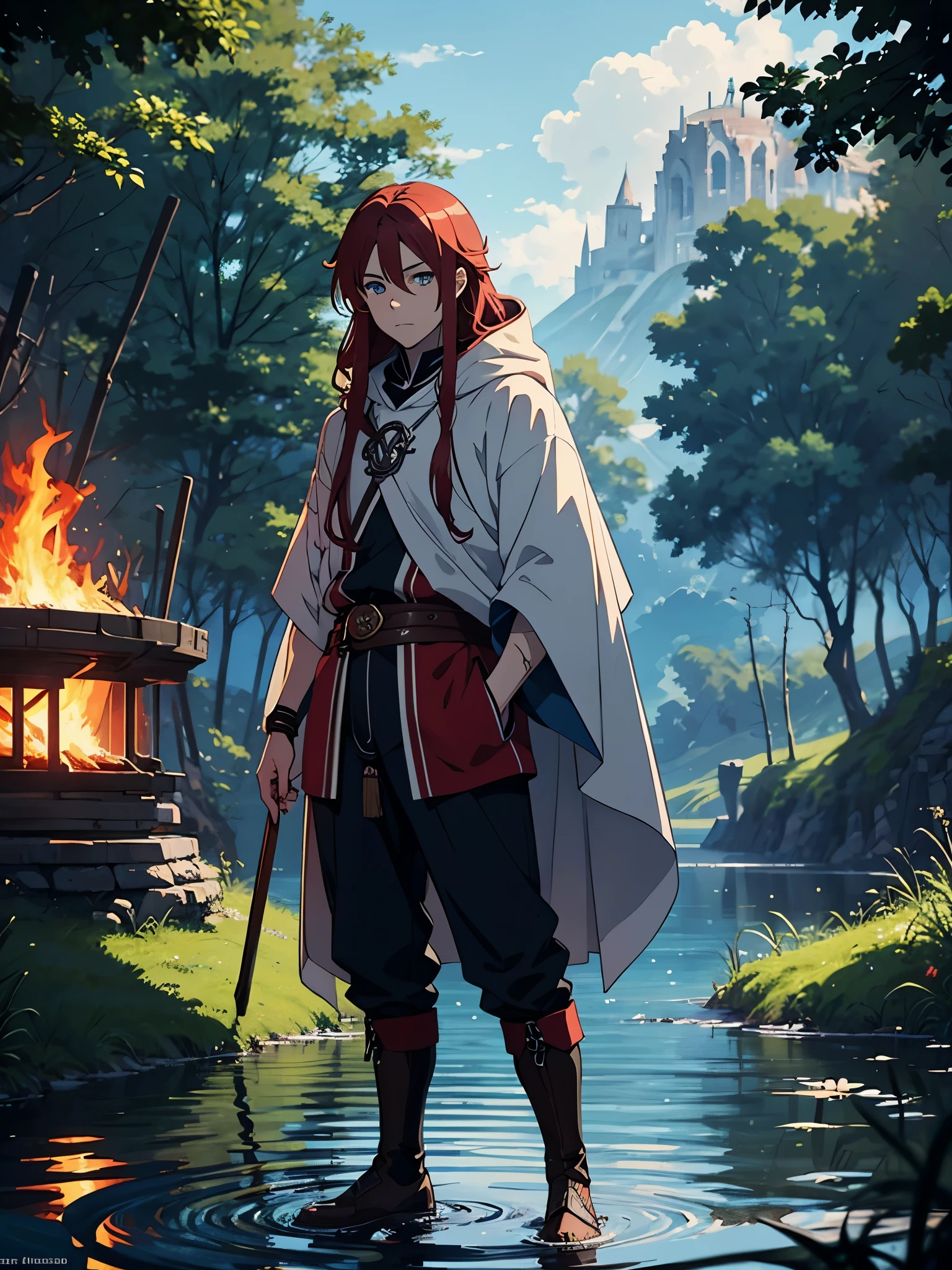 2D. Flacher. Anime stil. Vikinger kleidung. soft. More anime. Standing in a lake. More anime. More 2D. Clean. More anime. 2d. Glow. Red hair. More anime. male. Long hair. long red hair. boy, vikings. red hair. Blue eyes. fire. 