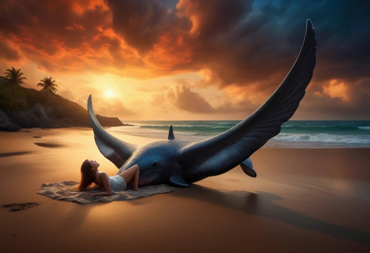 A sky whale, enormous wings, a woman lying on the beach watching its majestic flight, dreamy skies, (best quality,8k,highres,masterpiece:1.2),ultra-detailed,(realistic,photorealistic,photo-realistic:1.37),HDR,UHD,studio lighting,ultra-fine painting,sharp focus,physically-based rendering,extreme detail description,professional,vivid colors,bokeh,fantasy,surreal,cinematic,dramatic lighting,glowing,volumetric lighting,atmospheric,moody,cinematic composition,dramatic perspective
