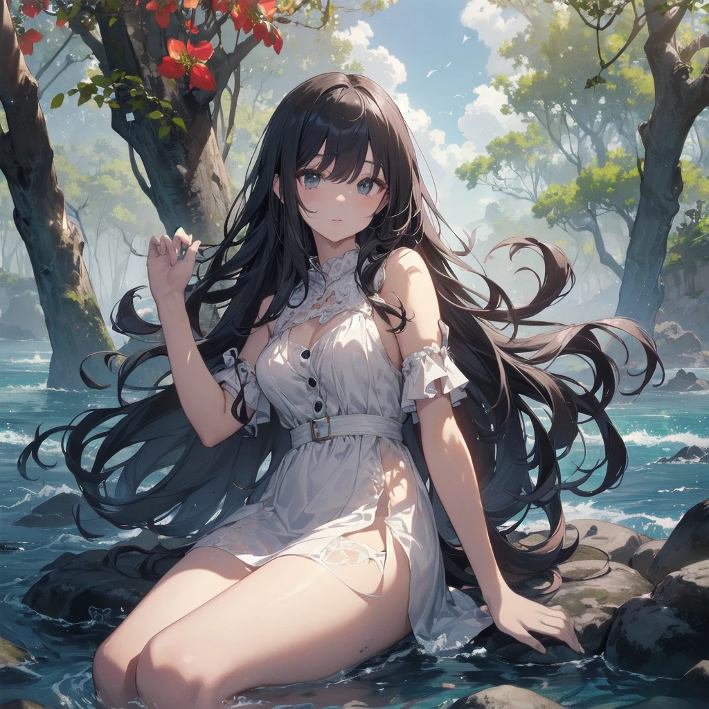 (Highest quality、masterpiece、High resolution、8k)、Vibrant colors、1 female、Long black hair、whole body、barefoot、thin、(Detailed face、Beautiful Eyes、Beautiful Nose、Pretty lips)、A woman in a white dress jumps high、Official Art、The background is the sea、blue sky、Wide sandy beach、Wide forest、