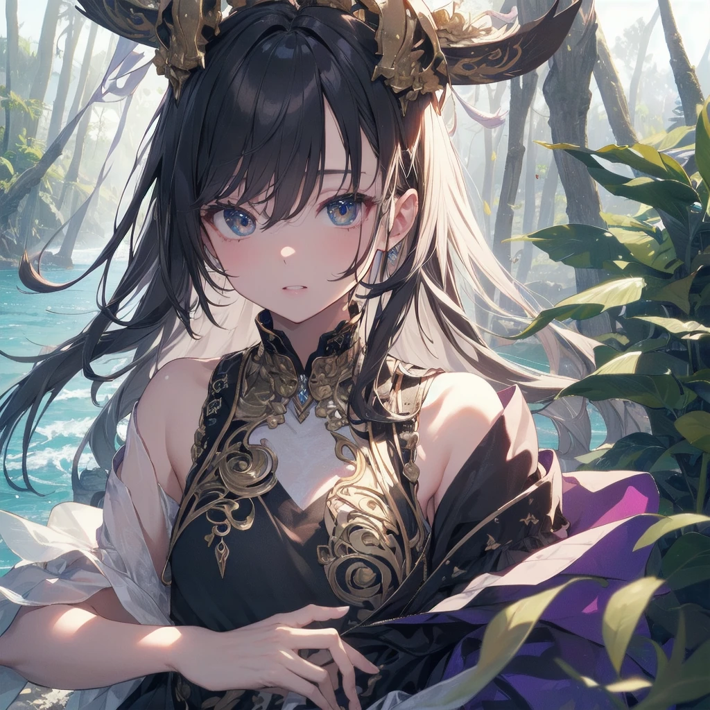 (Highest quality、masterpiece、High resolution、8k)、Vibrant colors、1 female、Long black hair、whole body、barefoot、thin、(Detailed face、Beautiful Eyes、Beautiful Nose、Pretty lips)、A woman in a white dress jumps high、Official Art、The background is the sea、blue sky、Wide sandy beach、Wide forest、