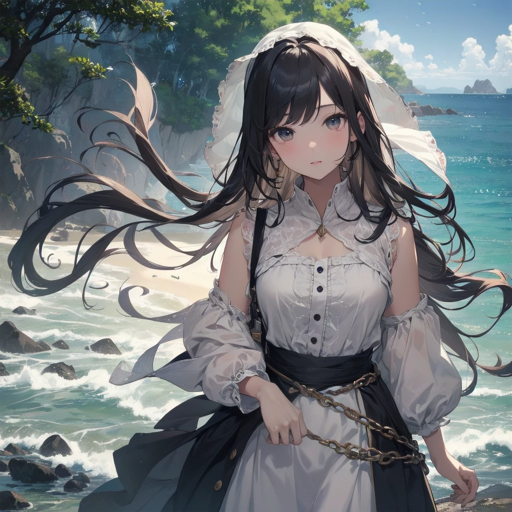 (Highest quality、masterpiece、High resolution、8k)、Vibrant colors、1 female、Long black hair、whole body、barefoot、thin、(Detailed face、Beautiful Eyes、Beautiful Nose、Pretty lips)、A woman in a white dress jumps high、Official Art、The background is the sea、blue sky、Wide sandy beach、Wide forest、