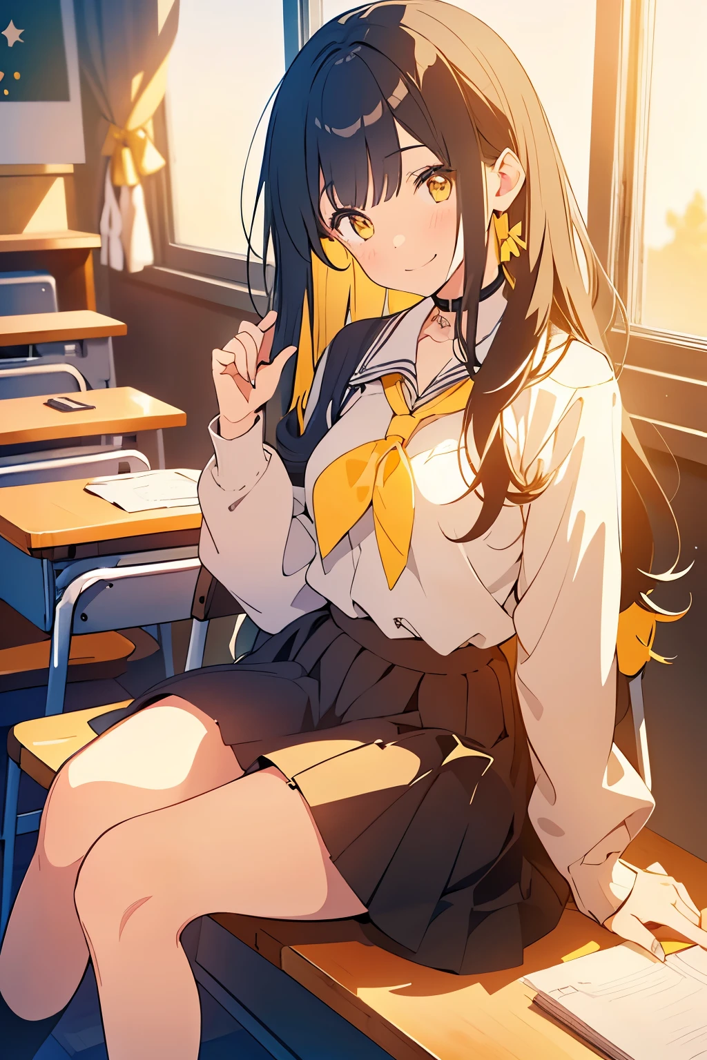 A girl, with long black hair, yellow eyes, wearing a black sweater and gray skirt, with sweet smile on her face, posing sitting on the chair and focusing on the camera, background is a classroom, HD picture, good AI art, NO BLUR PICTURE.