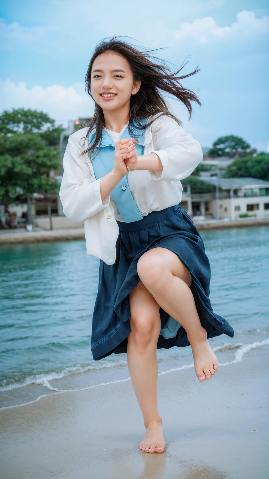 (((sunny day、Cute Japanese Woman、Beach、A strong wind is blowing、Her hair and skirt are flying、squat, Scooping up seawater and spreading your hands、Traditional navy blue sailor uniform、White blouse、Pleated skirt、Playing in the sea:1.25、splash、Pouring water into the camera、smile、Laughter、Sandy Beach、Light of the sun、clear blue sea、The waves crash quietly、Blue sky and white clouds、green mountain々、Beautiful Nature、The joys of youth)))、(((Top-down configuration:1.33)))、(((8k、Highest quality、masterpiece、Ultra-high resolution)))、(Realistic:1.4)、RAW Photos、(Realistic skin texture:1.3)、(Film Grain:1.3)、((No underwear、Bend one leg))、One Girl、Beautiful and detailed eyes and face、barefoot、