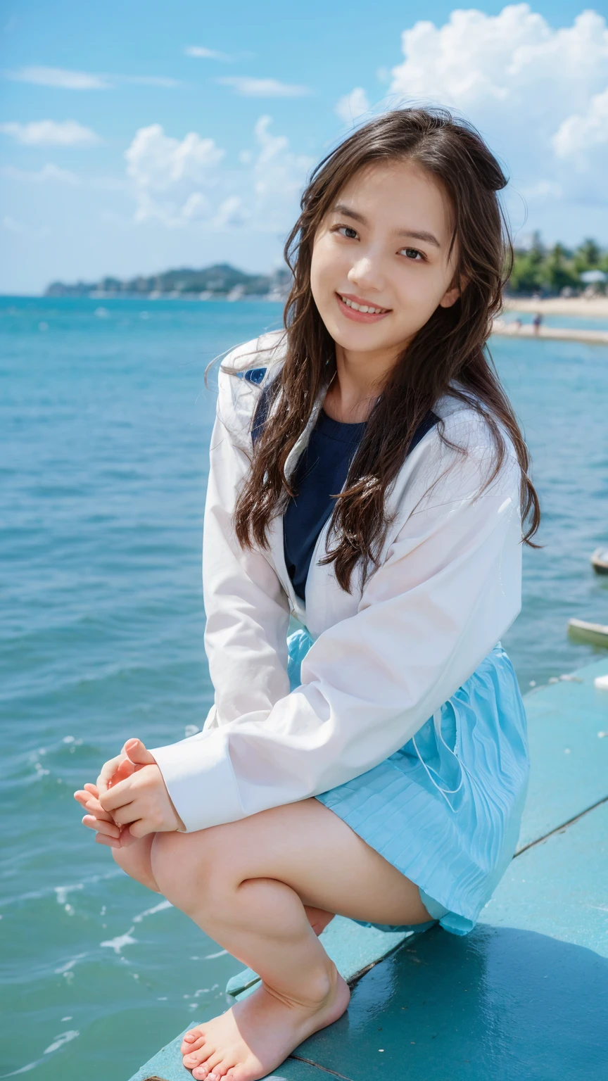 (((sunny day、Cute Japanese Woman、Beach、A strong wind is blowing、Her hair and skirt are flying、squat, Scooping up seawater and spreading your hands、Traditional navy blue sailor uniform、White blouse、Pleated skirt、Playing in the sea:1.25、splash、Pouring water into the camera、smile、Laughter、Sandy Beach、Light of the sun、clear blue sea、The waves crash quietly、Blue sky and white clouds、green mountain々、Beautiful Nature、The joys of youth)))、(((Top-down configuration:1.33)))、(((8k、Highest quality、masterpiece、Ultra-high resolution)))、(Realistic:1.4)、RAW Photos、(Realistic skin texture:1.3)、(Film Grain:1.3)、((No underwear、Bend one leg))、One Girl、Beautiful and detailed eyes and face、barefoot、