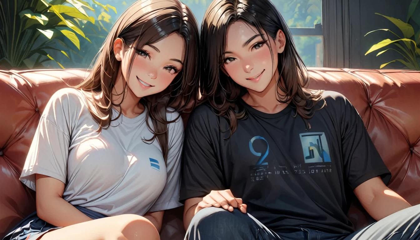 masterpiece , Modern, Realism, masterpiece, Super Detail, best quality, 4K , A couple sitting on the sofa and smiling happily,Sit side by side,The man is 25 years old,She has short black hair.,The woman is 23 years old,Has long brown hair、Second dimension style