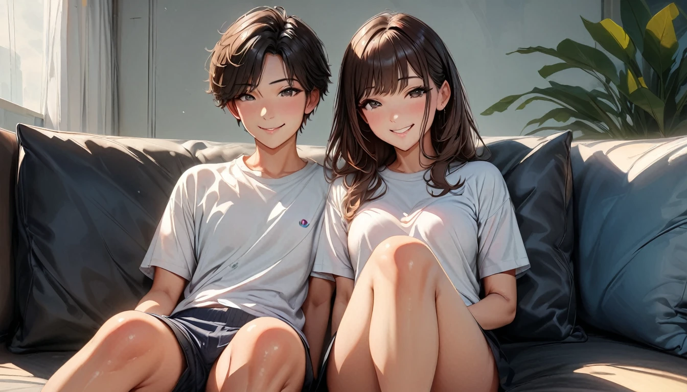masterpiece , Modern, Realism, masterpiece, Super Detail, best quality, 4K , A couple sitting on the sofa and smiling happily,Sit side by side,The man is 25 years old,She has short black hair.,The woman is 23 years old,Has long brown hair、Second dimension style