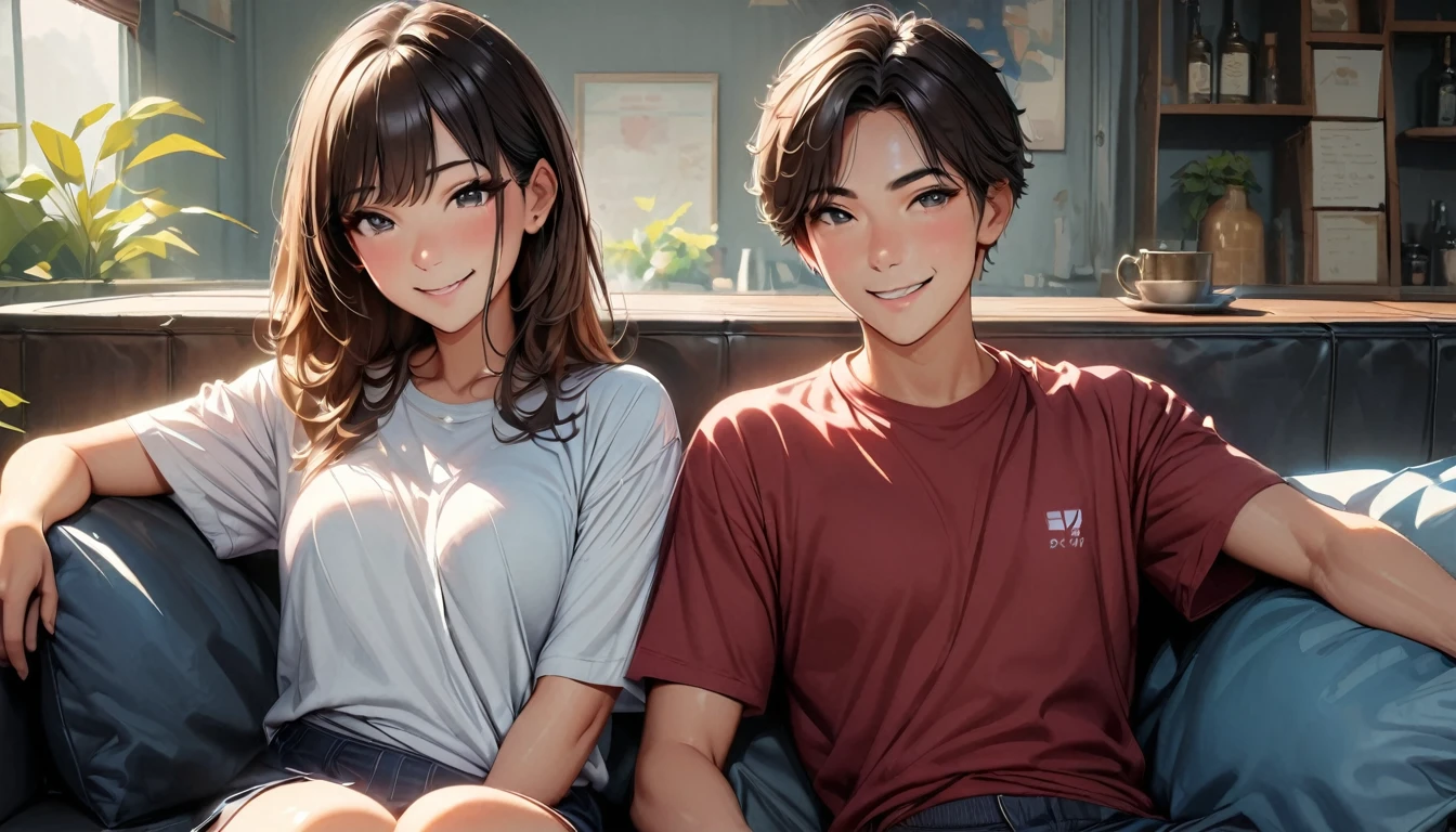 masterpiece , Modern, Realism, masterpiece, Super Detail, best quality, 4K , A couple sitting on the sofa and smiling happily,Sit side by side,The man is 25 years old,She has short black hair.,The woman is 23 years old,Has long brown hair、Second dimension style