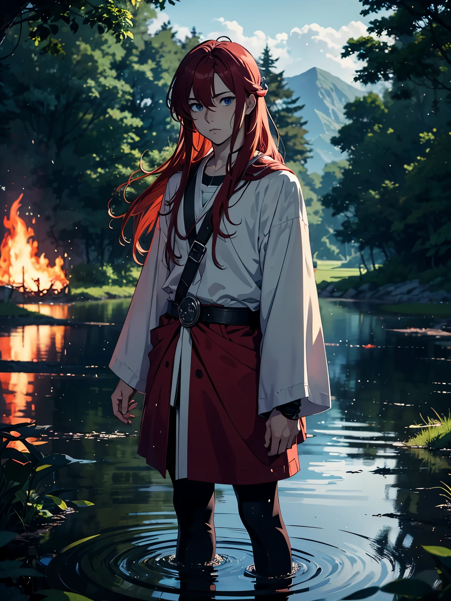 2D. Flacher. Anime stil. Vikinger kleidung. soft. More anime. Standing in a lake. More anime. More 2D. Clean. More anime. 2d. Glow. Red hair. More anime. male. Long hair. long red hair. boy, vikings. red hair. Blue eyes. fire.