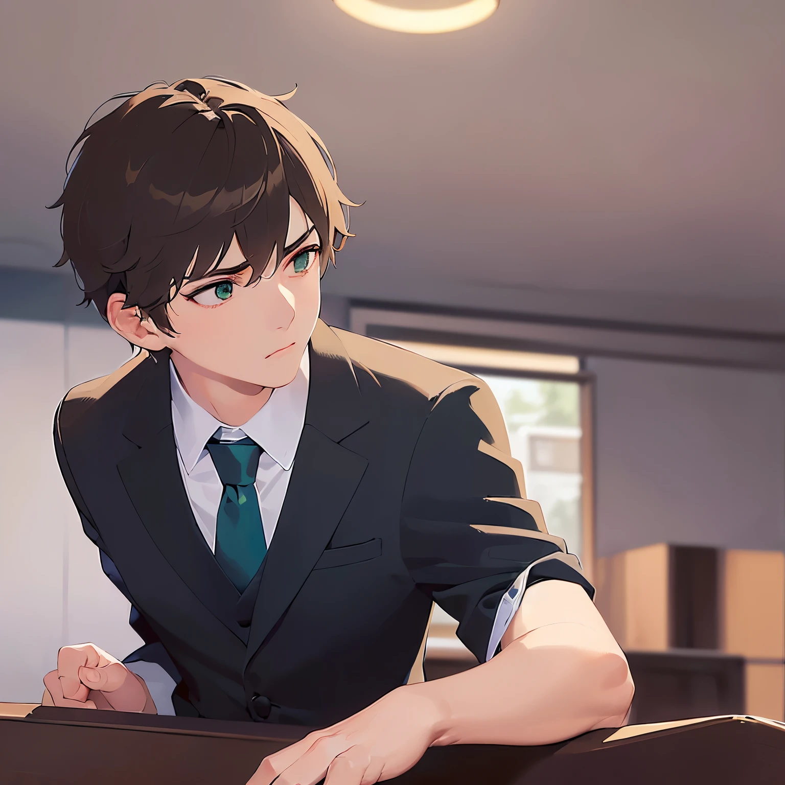upper body、side angle, (looking away:1.5)、masterpiece、Highest quality、(25-year-old male:1.5) and (Brown short hair) and (Green Eyes), (Wearing a suit:1.3) and (Blue tie)、Serious expression、The background is the office、(Alone:1.5)、Upper body is shown、computer、Sitting at a desk
