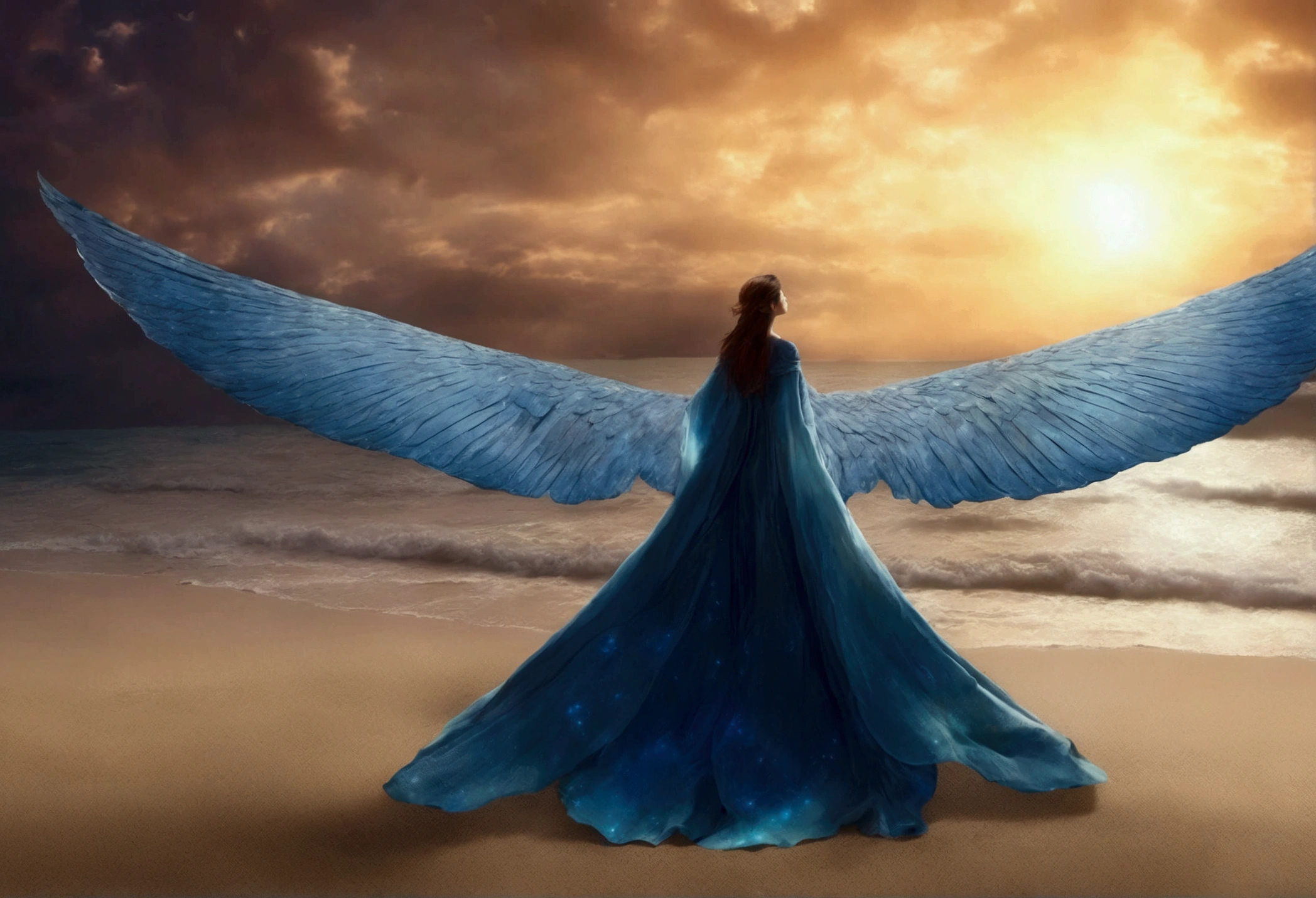A sky whale, enormous wings, a woman lying on the beach watching its majestic flight, dreamy skies, (best quality,8k,highres,masterpiece:1.2),ultra-detailed,(realistic,photorealistic,photo-realistic:1.37),HDR,UHD,studio lighting,ultra-fine painting,sharp focus,physically-based rendering,extreme detail description,professional,vivid colors,bokeh,fantasy,surreal,cinematic,dramatic lighting,glowing,volumetric lighting,atmospheric,moody,cinematic composition,dramatic perspective