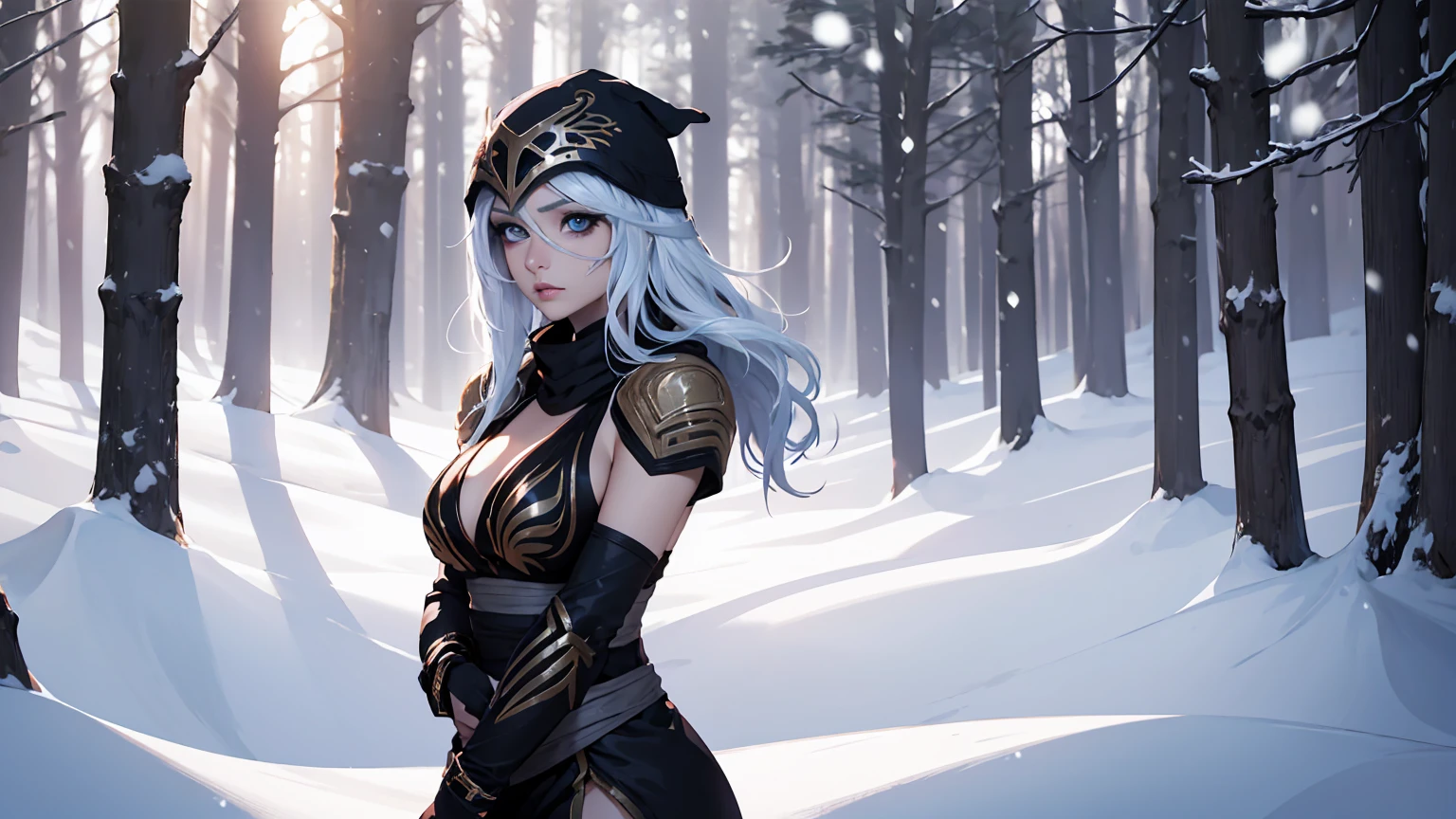 league of legends Ashe, warrior, (masterpiece, best quality), beautiful woman, outdoor snowy forest of pine trees, (snow storm), perfect face, beautiful face, serious look, perfect slim fit body, hoding a bow, (standing), abstract background, bright colors, medium breasts, (solo), sexy