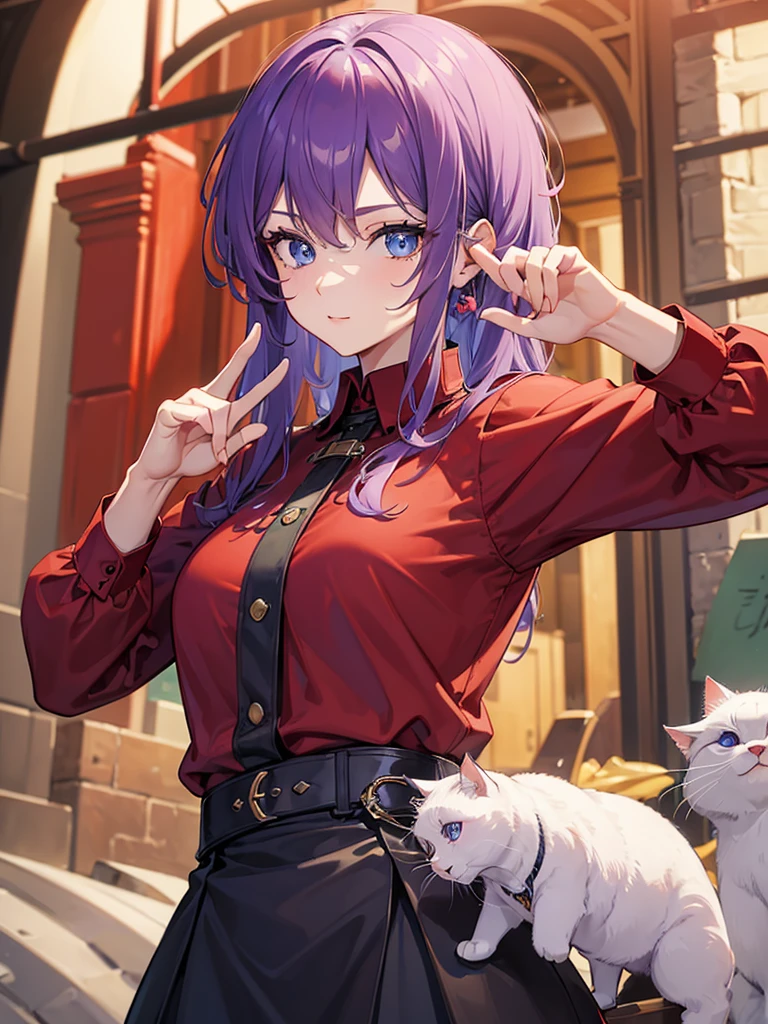 ((best quality)), ((masterpiece)), (Ultra detailed), ((4k)) , ((Eyes Details))
Solo , Purple Hair , Blue eyes , Cute Face , Middle Ages.
Red Long Shirt , Plain Shirt , Cat Headphone , Peace Pose