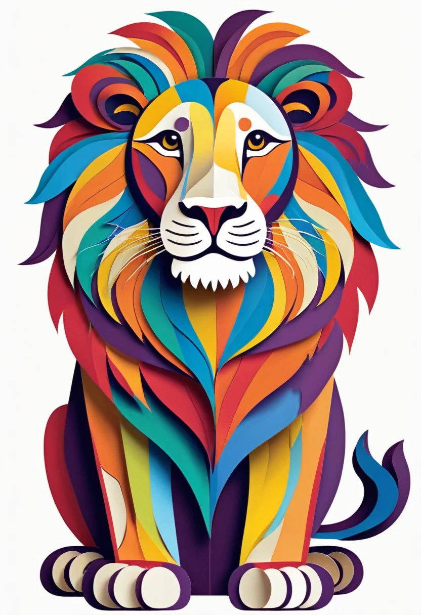 A happy multicolored lion, Contour vectorizado, Paper cutting and collage style, Contour, vector, White background