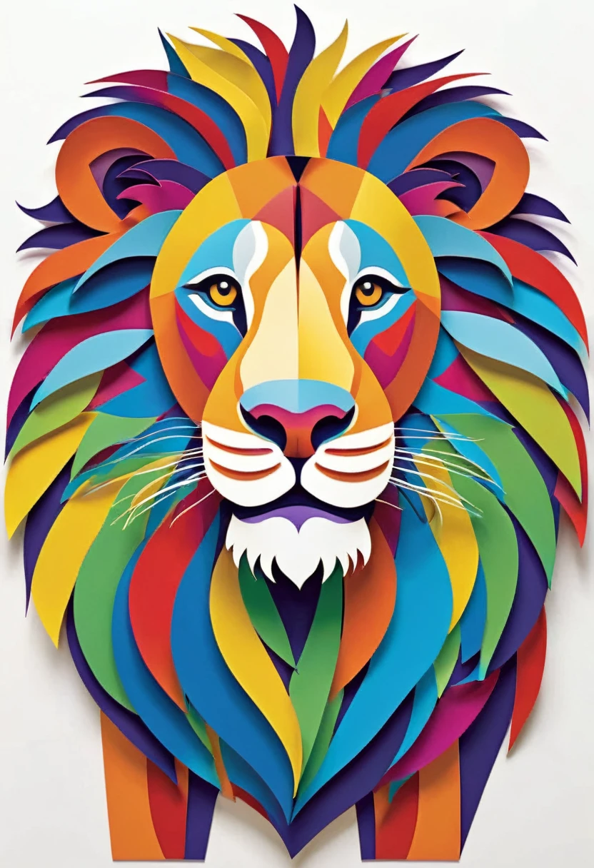A happy multicolored lion, Contour vectorizado, Paper cutting and collage style, Contour, vector, White background