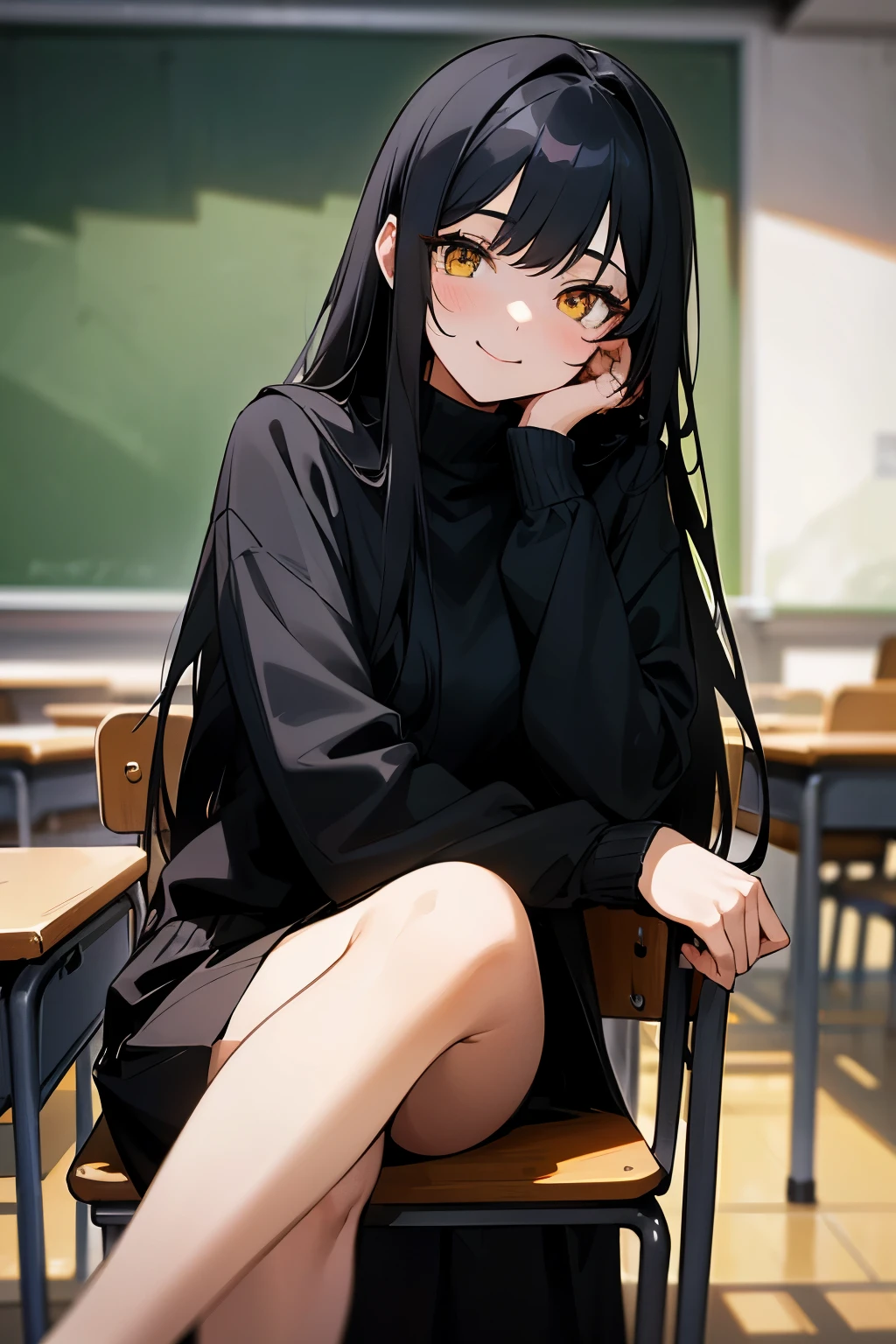 A girl, with long black hair, yellow eyes, wearing a black sweater and gray skirt, with sweet smile on her face, posing sitting on the chair and focusing on the camera, background is a classroom, HD picture, good AI art, NO BLUR PICTURE.