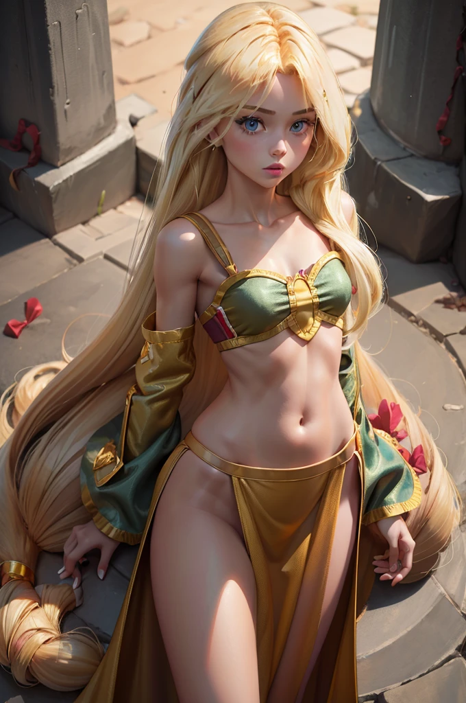 the toy doll is dressed in a gold outfit with blonde hair long, 1girl, long hair, solo, navel, looking at viewer, blonde hair, blue eyes, midriff, parted bangs, lips, long sleeves, very long hair, bangs, arms at sides