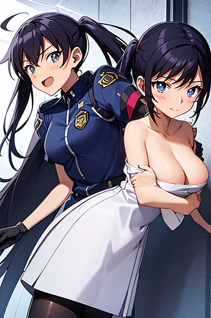 Mecha Wings、skirt、Accentuated thighs、chest、Beautiful black hair、1 girl、solo girl、IS、Frame Arms Girl、Alice Gere Aegis、White Armor、Pink Line、income、headphone、hand on own chest、smile、Miike Naeko,One girl,alone,police,police ユニフォーム,police woman,tie,Twin tails