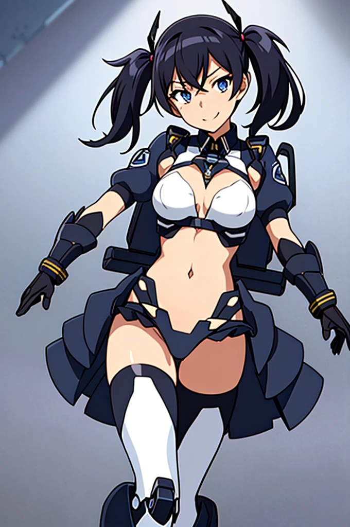 Mecha Wings、skirt、Accentuated thighs、chest、Beautiful black hair、1 girl、solo girl、IS、Frame Arms Girl、Alice Gere Aegis、White Armor、Pink Line、income、headphone、hand on own chest、smile、Miike Naeko,One girl,alone,police,police ユニフォーム,police woman,tie,Twin tails