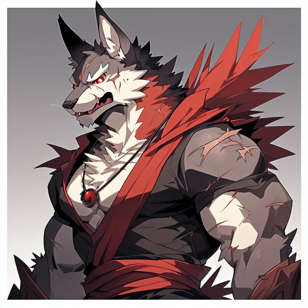 Rabbit), anthropomorphic red rabbit, alone, (scar on left eye), (2-tone white and red fur), (neck), (perfect red eyes:1.4), (Artist:Takemoto Arashi), twitch, mature face, older, clear facial details, Rough, intimidating, , side of character, long eyelashes, fang, serius , Black shirt, Bone necklace, exposing chest, ((show upper body)), ((Bust)), Full Length Portrait, Tonalism, Head Out of Frame, Outer Border, Tachi-E, High Details