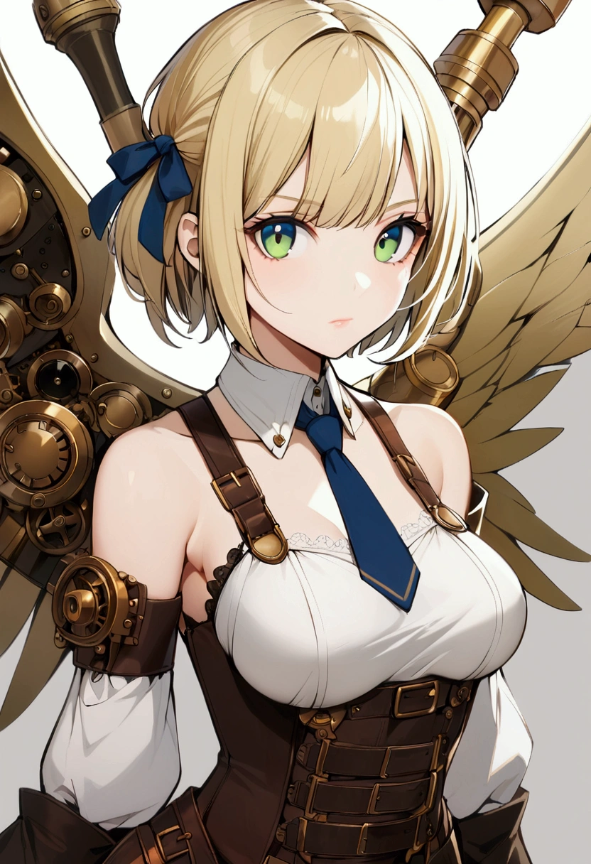 slender, mature female,rating:safe, steampunk,1girl, blonde_hair, green_eyes, solo, detached_collar, armor, gloves, bare_shoulders, ribbon, detached_sleeves, hair_ribbon, breasts, armored_dress, short_hair, closed_mouth, wings, looking_at_viewer, bangs, dress, white_gloves, necktie, medium_breasts, blue_eyes, faulds