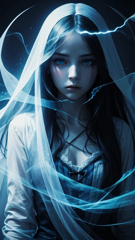 Ghostly presence, transparent, blue and white, spirit of fear, long hair, empty eyes, Gothic background.