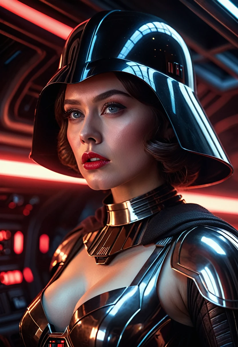 a cinematic star wars scene darth vader but as female charakter natural breasts, topless, naked , intricate detailed face, beautiful detailed eyes, beautiful detailed lips, extremely detailed face and eyes, long eyelashes red glowing light sabber, detailed portrait, photorealistic, inside a space vessel , dramatic lighting, intricate armor and details, dynamic attack fithing pose, full body shot, cinematic composition, hyper-realistic, moody color palette, dramatic lighting and shadows, intricate details, masterpiece