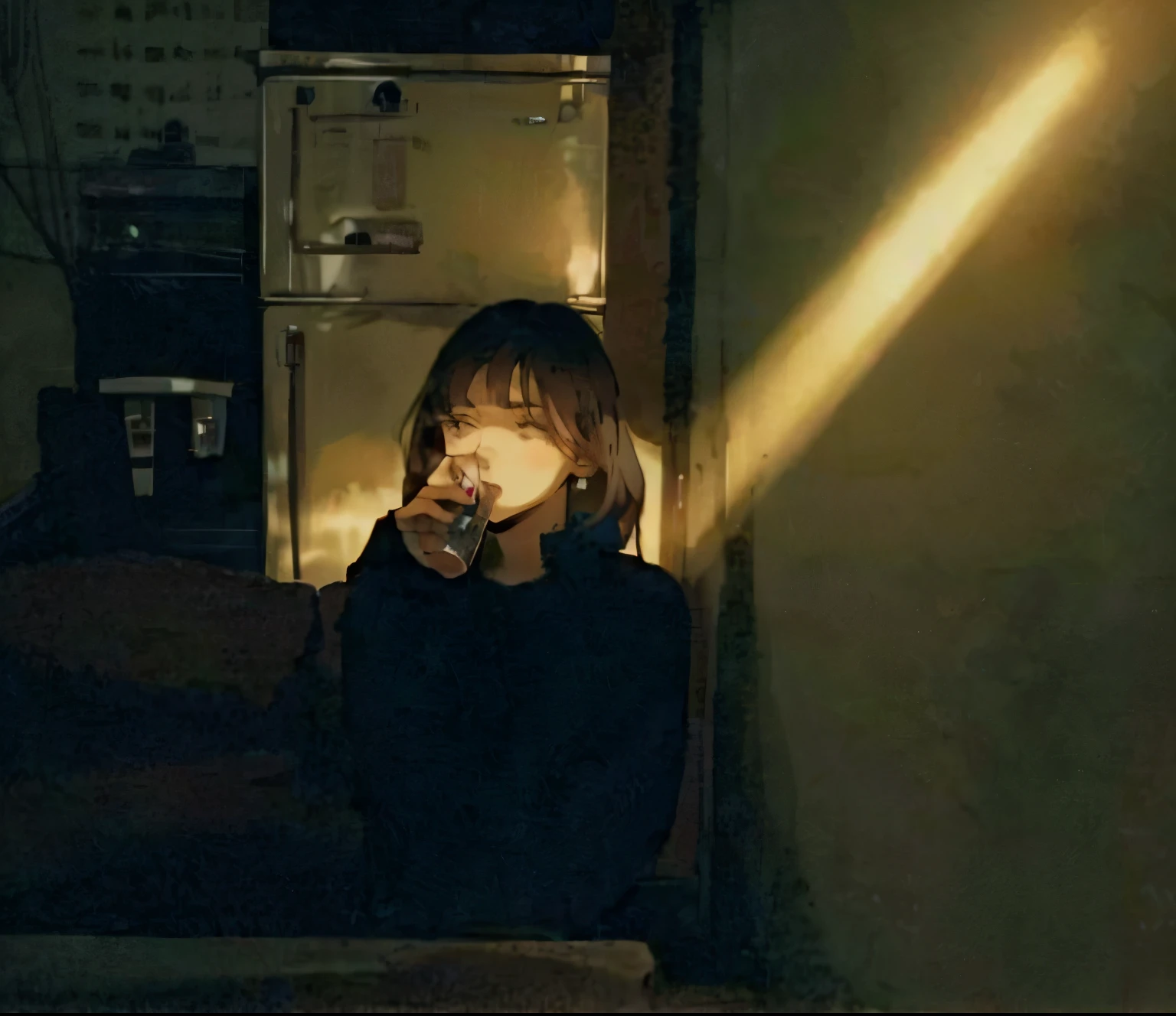 arafed girl with pink hair sitting in a room drinking from a glass, anime style mixed with fujifilm, with black hair, cute girl, 35mm color lomography, dramatic light, scene girl, 3 5 mm color, realisitic background