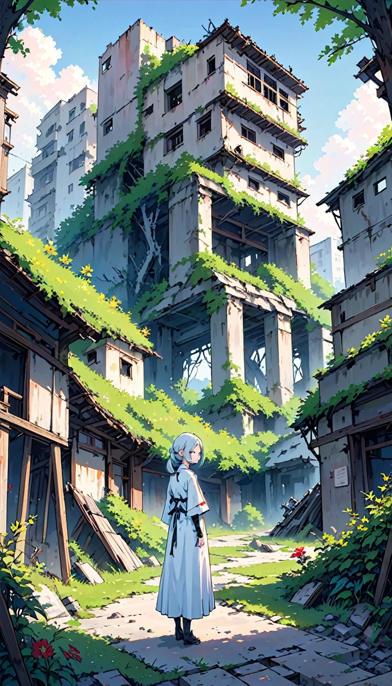 In the ruined city、The people disappeared。In this place that collapsed tens of thousands of years ago、Overgrown with vegetation。The area is littered with collapsed buildings and rusting structures.、Silence reigns。At its heart、A humanoid android seen from behind(girl)Standing quietly。Her figure blends into the desolate landscape.、Her expression has a lonely vibe。