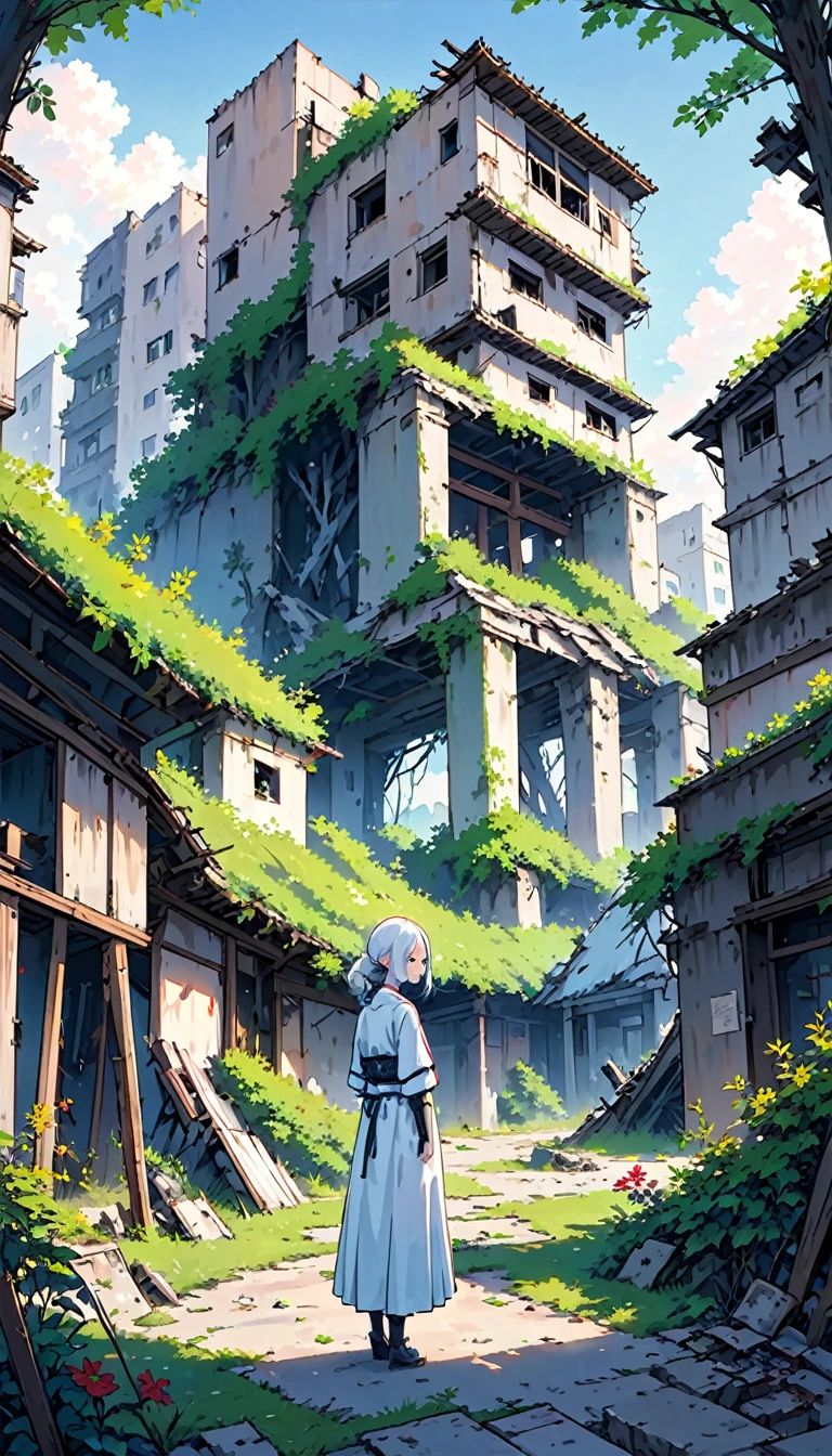 In the ruined city、The people disappeared。In this place that collapsed tens of thousands of years ago、Overgrown with vegetation。The area is littered with collapsed buildings and rusting structures.、Silence reigns。At its heart、A humanoid android seen from behind(girl)Standing quietly。Her figure blends into the desolate landscape.、Her expression has a lonely vibe。