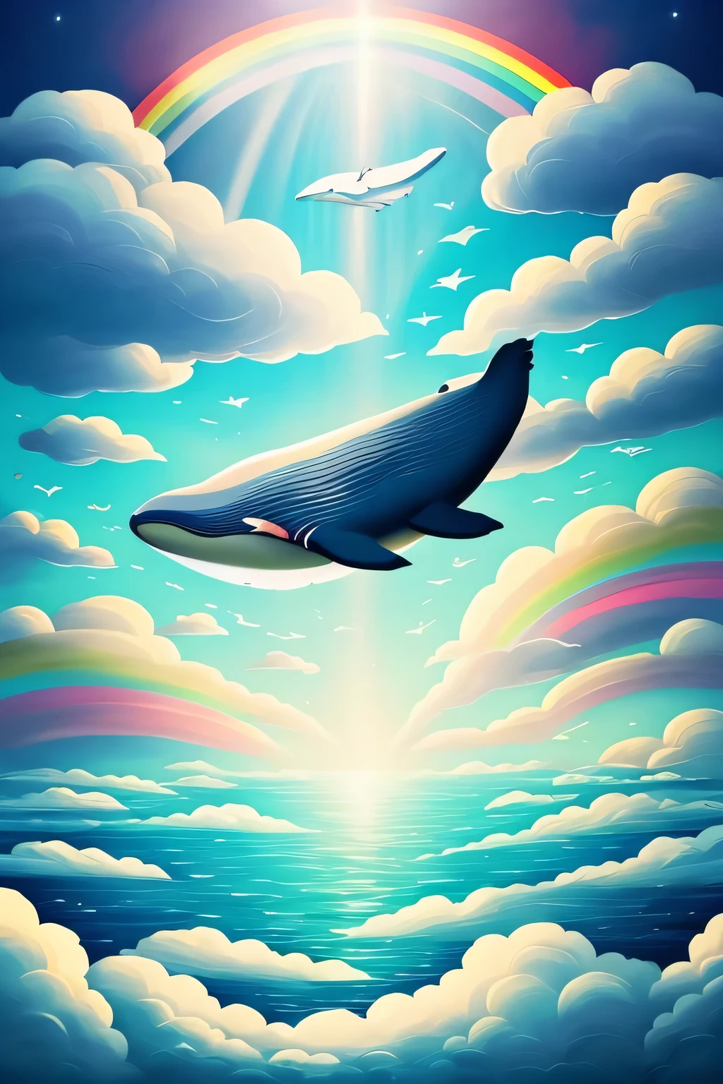 "Create a surreal and whimsical scene featuring a gigantic whale soaring through the sky. The whale should have large, graceful wings that appear natural yet majestic. The sky around it is filled with fluffy clouds, and there might be a hint of a rainbow in the background. The scene should evoke a sense of wonder and fantasy, with vibrant and dreamlike colors."