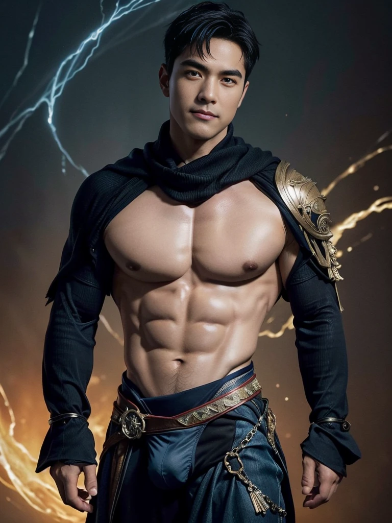 Highest quality、masterpiece、超High resolution、(Realistic:1.4)、Detailed face、solo、1Human Male、Upper body、Black Hair、Glowing Skin、dense skin、(Asian)、Architectural、(Absurd、High resolution、Ultra-detailed)、、1 male、adult、(25-year-old male)、Handsome、Tall and muscular man、Broad shoulders、Very short hair、Square jaw、Thick neck、Thick eyebrows、Very short hair、Black Hairの、Beautiful eyes and detailed features、 Highly detailed CG Unity 8k wallpaper、Intricate details、(Style Swirl Magic:0.7)、Looking at the audience、solo、(Whole Body Ezbian:0.6)、Detailed Background、Detailed face、Dynamic Pose、、Dynamic configuration、 Big muscles、、((((bulge))))、Handsome、 ((Tabletop:1.4, Highest quality)), ((Tabletop, Highest quality)), (Like the picture:1.4)、(((magician)))、Grin, surfing,、Grin、Sunny and cloudy、(Complex blue long sleeve enchantment costume), scarf, The outfit reveals too much skin and thighs, Fantasy Library Background:1.2), Realistic、Kana、magic circle
