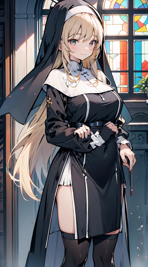 nun,nun服,黑白nun服,Colored hair,nun头巾,Big breasts,Full of figure,Close-up above the waist,Upper body close-up,Church Background,Stained window glass,Mosaic art background,nun,高开叉nun长袍,Absolute Domain,thigh,thigh,thigh,黑白Knee socks,黑白Knee socks,Knee socks,黑色过膝Silk socks,Silk socks,Silk socks,Knee socks,Flesh,nun长袍,Cheongsam style hem,Robe hem,Robe hem,Long hem robe,Front of robe,Long skirt,Long skirt,Long skirt,Long front robe,Front of robe,thigh侧面,Long blond hair,blond,cute,gentle,Smile,慈爱的Smile,Wide crotch,Wide crotch,Thin waist,Fleshthigh,Robe front hem,Front swing of mopping