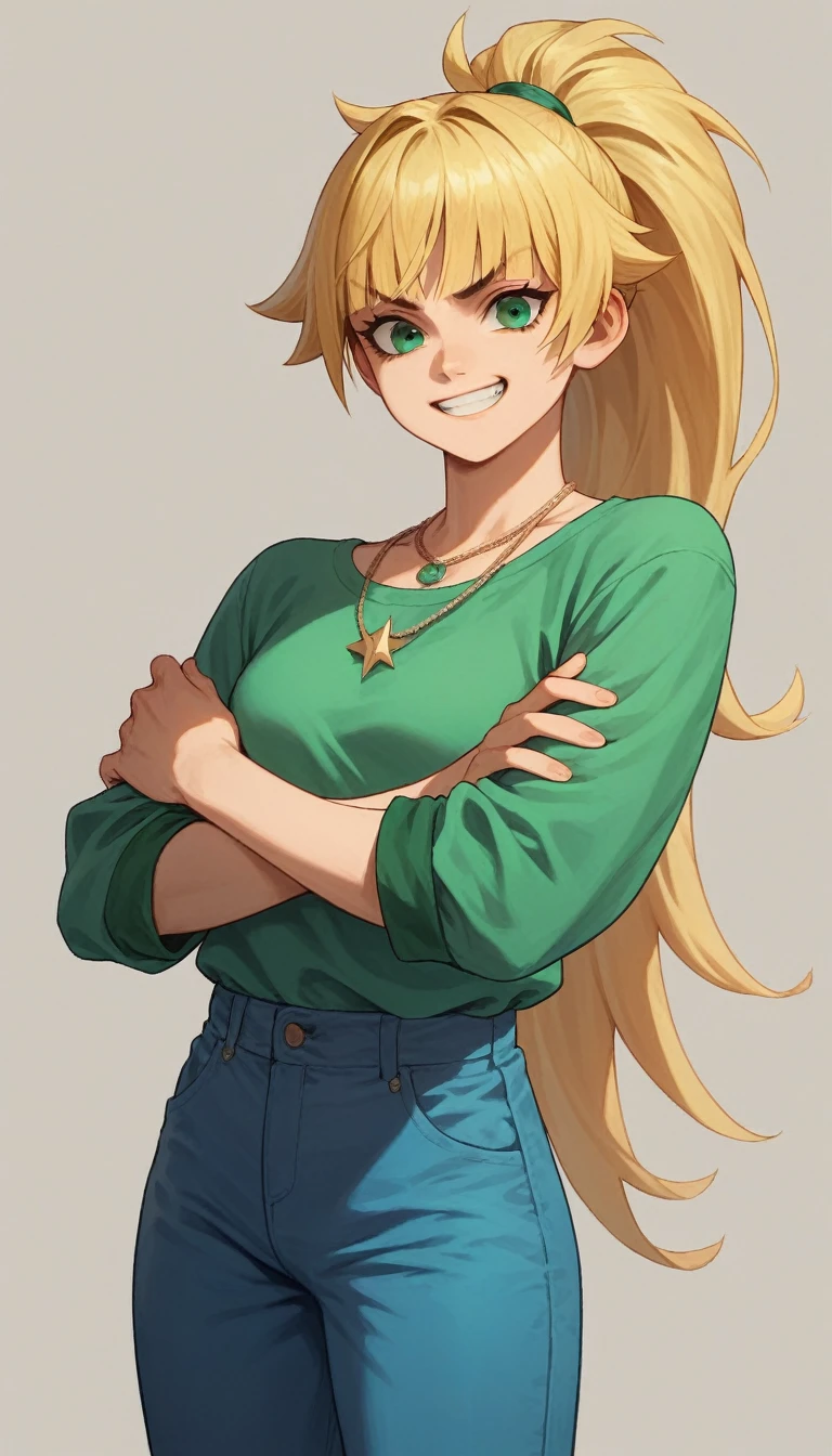 blonde girl, green top-tank, blue pants, spiky bangs, spiky long ponytail, grin, crossed arms, necklace, bangs, green eyes, 3d
