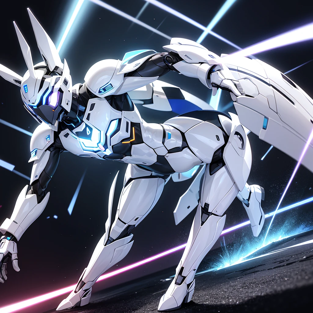 Draw the male humanoid robot rabbit with white armor under strobe lights in the club. The rapidly changing lights create a dynamic and captivating effect on his armor, reflecting the vibrant surroundings.