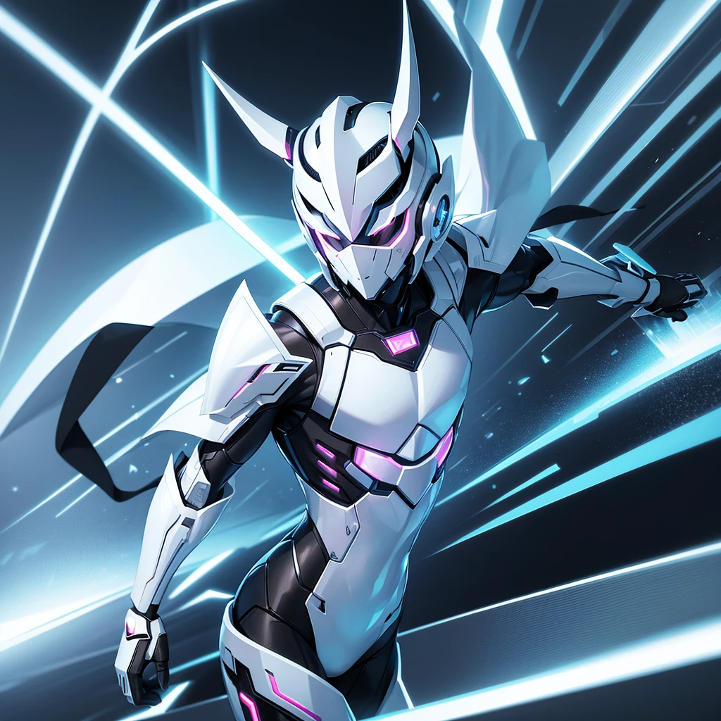 Draw the male humanoid robot rabbit with white armor under strobe lights in the club. The rapidly changing lights create a dynamic and captivating effect on his armor, reflecting the vibrant surroundings.