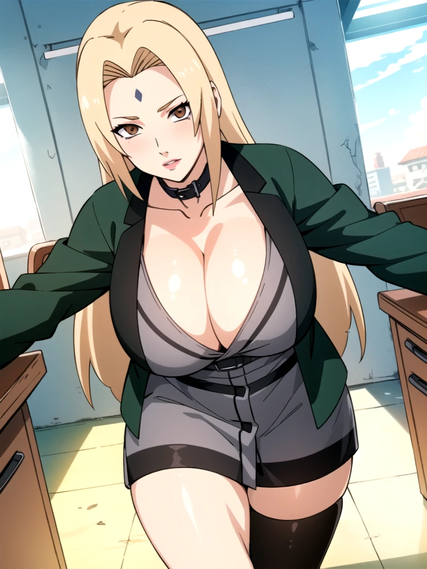 portrait, solo focus, solo, close-up, looking at viewer, (parted lips:1.2), (sunlight, bright, sunshine:1.2),((tsunade)), 1 girl,1 boy ,((tsunade milf physique)),(mark on forehead ), long hair, blonde hair,  eyes,hairclip, eyes, smile, from front,(posing her body in office),huge breast huge pelvis thick thighs,((clear details High definition body parts perfect body parts )),(((blush lush blush nose blush blush face ))),(sad expression),((1 girl)),(solo), ((front view)),((long distance between viewer)),((standing)),((school uniform, Red blazer with black trim on cuffs and collar lining, White button-up dress shirt and black tie, Black and gray plaid miniskirt, black tights, and brown loafers )) ,((school uniform, Red blazer with black trim on cuffs and collar lining, White button-up dress shirt and black tie, Black and gray plaid miniskirt, black tights, and brown loafers ))，