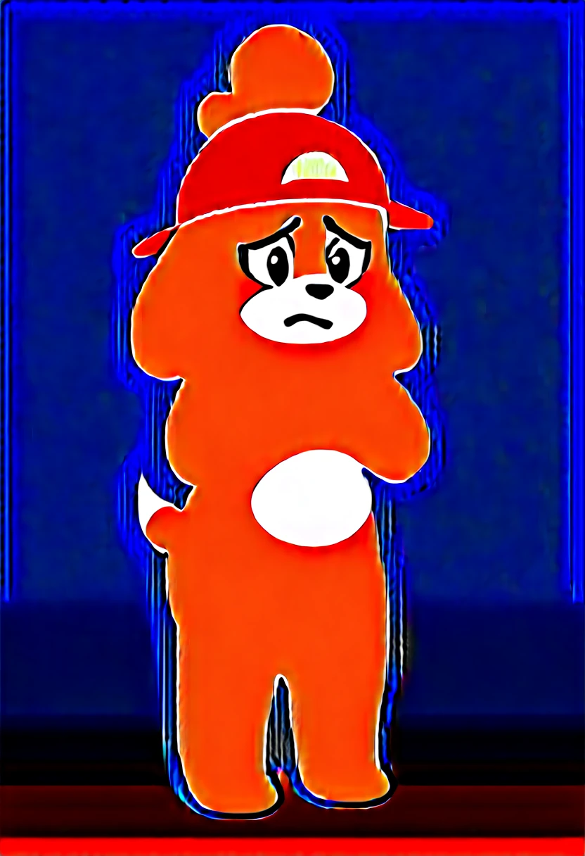 masterpiece, best quality, expressive eyes, perfect face, a man get transformed into isabelle (animal crossing), furry , solo, surpriced, blushed, red baseball cap, naked, nsfw, ecchi, brown eyes, full body, in a magic forest, glitter, embarrassed pose, chubby, magic circle on the floor.