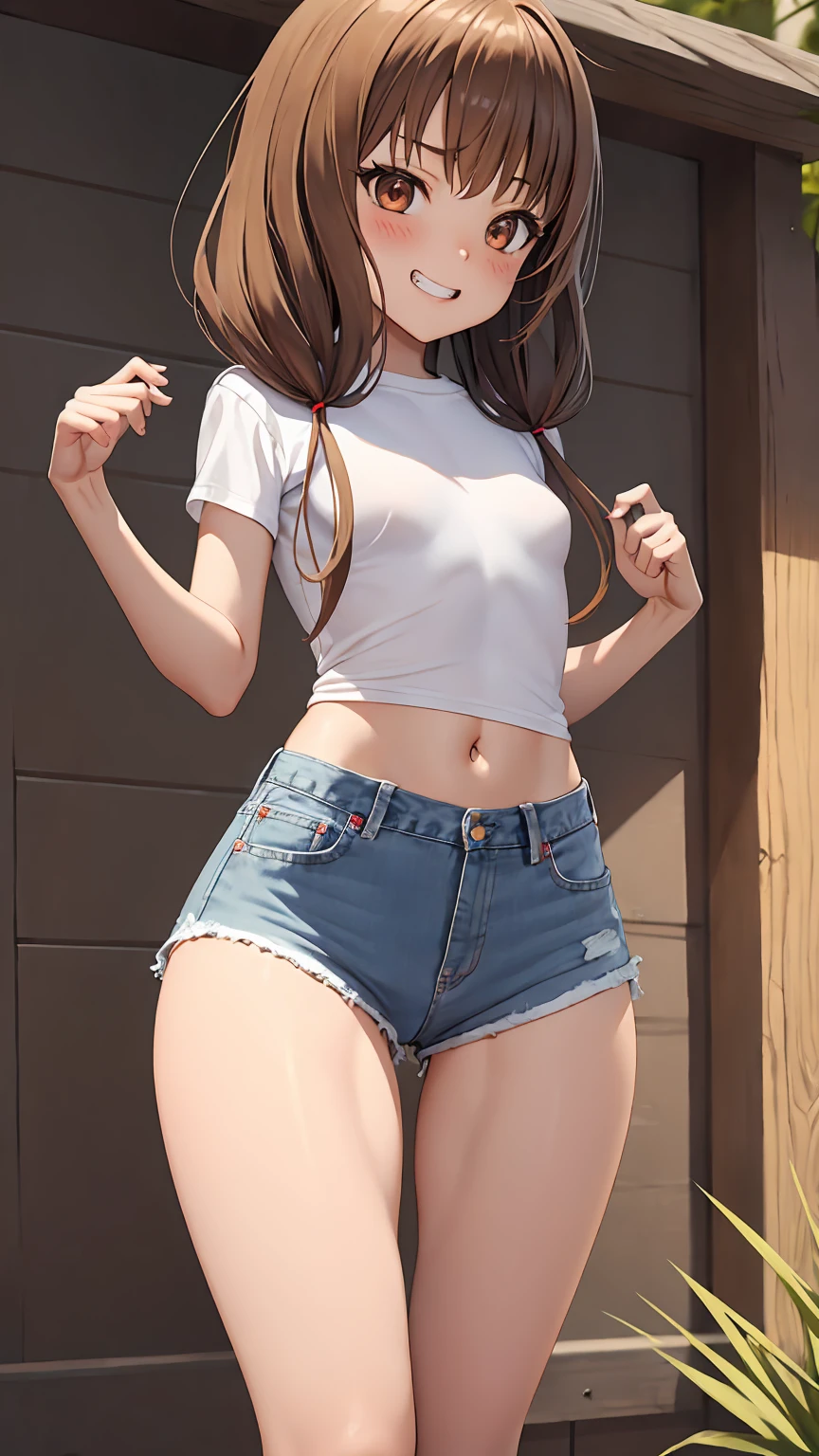 [iino miko, brown eyes, brown hair, low twintails, ((white shirt))], 1girl, anime girl, anime, girl, 2d girl, 16y, (fullbody), grin, blush, Solo, Slim, small breasts, flat chest, sfw, cowboy shot, Tight Shorts, low waist shorts, upshorts, outdoors, night background, looking at viewer, darker shadows, (((shorts))), (((thigh gap))), (((lowleg shorts))),