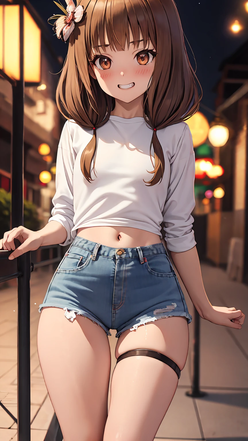 [iino miko, brown eyes, brown hair, low twintails, ((white shirt))], 1girl, anime girl, anime, girl, 2d girl, 16y, (fullbody), grin, blush, Solo, Slim, small breasts, flat chest, sfw, cowboy shot, Tight Shorts, low waist shorts, upshorts, outdoors, night background, looking at viewer, darker shadows, (((shorts))), (((thigh gap))), (((lowleg shorts))),