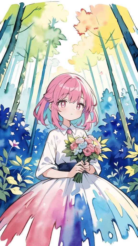 masterpiece, best quality, girl with bouquet, empty pupils, ethereal magical atmosphere, forest, unique, peaceful, colorful, (watercolor \(medium\), drawing, IrisCompiet:1.2),