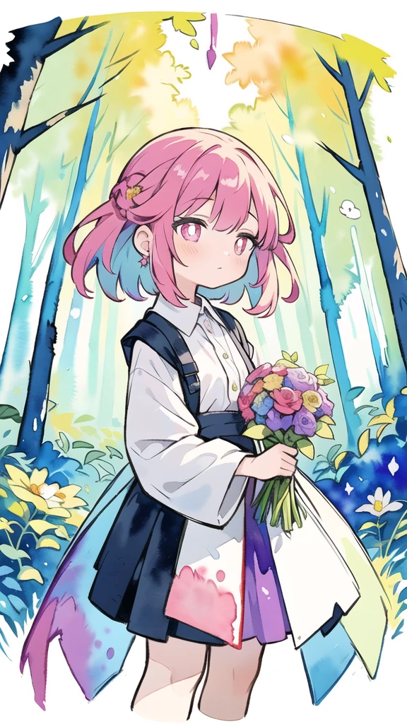 masterpiece, best quality, girl with bouquet, empty pupils, ethereal magical atmosphere, forest, unique, peaceful, colorful, (watercolor \(medium\), drawing, IrisCompiet:1.2), 