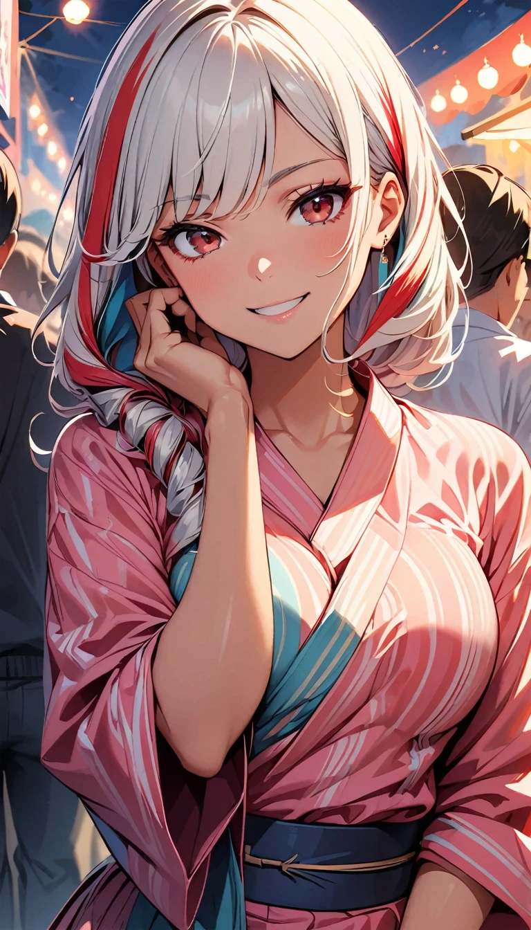 (highest quality:1.2, Very detailed, up to date, Vibrant, Ultra-high resolution, High Contrast, masterpiece:1.2, highest quality, Best aesthetics), Portraiture、girl、singer, solo, ((25-years-old:1)), Bright colors, Beautiful fine details、Beautiful lip detail、midium wave hair、red and white ((streaked hair:1.6)), highlights hair: 1.5, red eyes, slim body, meddium breast, (tan skin:1.1), (traditional yukata), pink yukata, summer festival, bon dance, hand on own face, smirk, (Floral Fineline tattoo design on left arm:1), (cowboy shot:1),