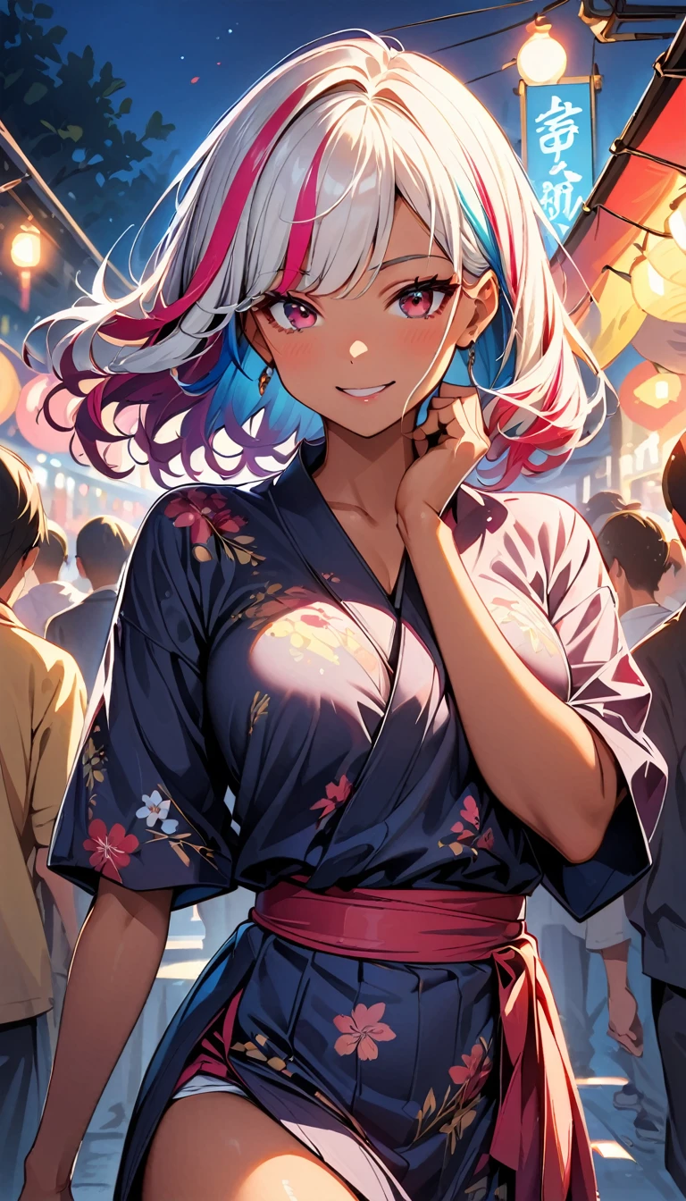 (highest quality:1.2, Very detailed, up to date, Vibrant, Ultra-high resolution, High Contrast, masterpiece:1.2, highest quality, Best aesthetics), Portraiture、girl、singer, solo, ((25-years-old:1)), Bright colors, Beautiful fine details、Beautiful lip detail、midium wave hair、red and white ((streaked hair:1.6)), highlights hair: 1.5, red eyes, slim body, meddium breast, (tan skin:1.1), (traditional yukata), pink yukata, summer festival, bon dance, hand on own face, smirk, (Floral Fineline tattoo design on left arm:1), (cowboy shot:1),