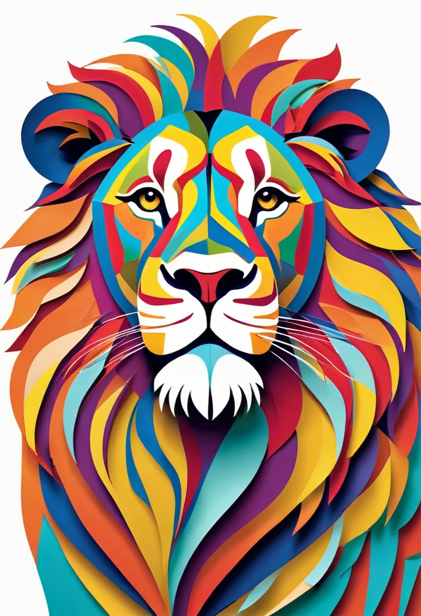 A happy multicolored lion, Contour vectorizado, Paper cutting and collage style, Contour, vector, White background