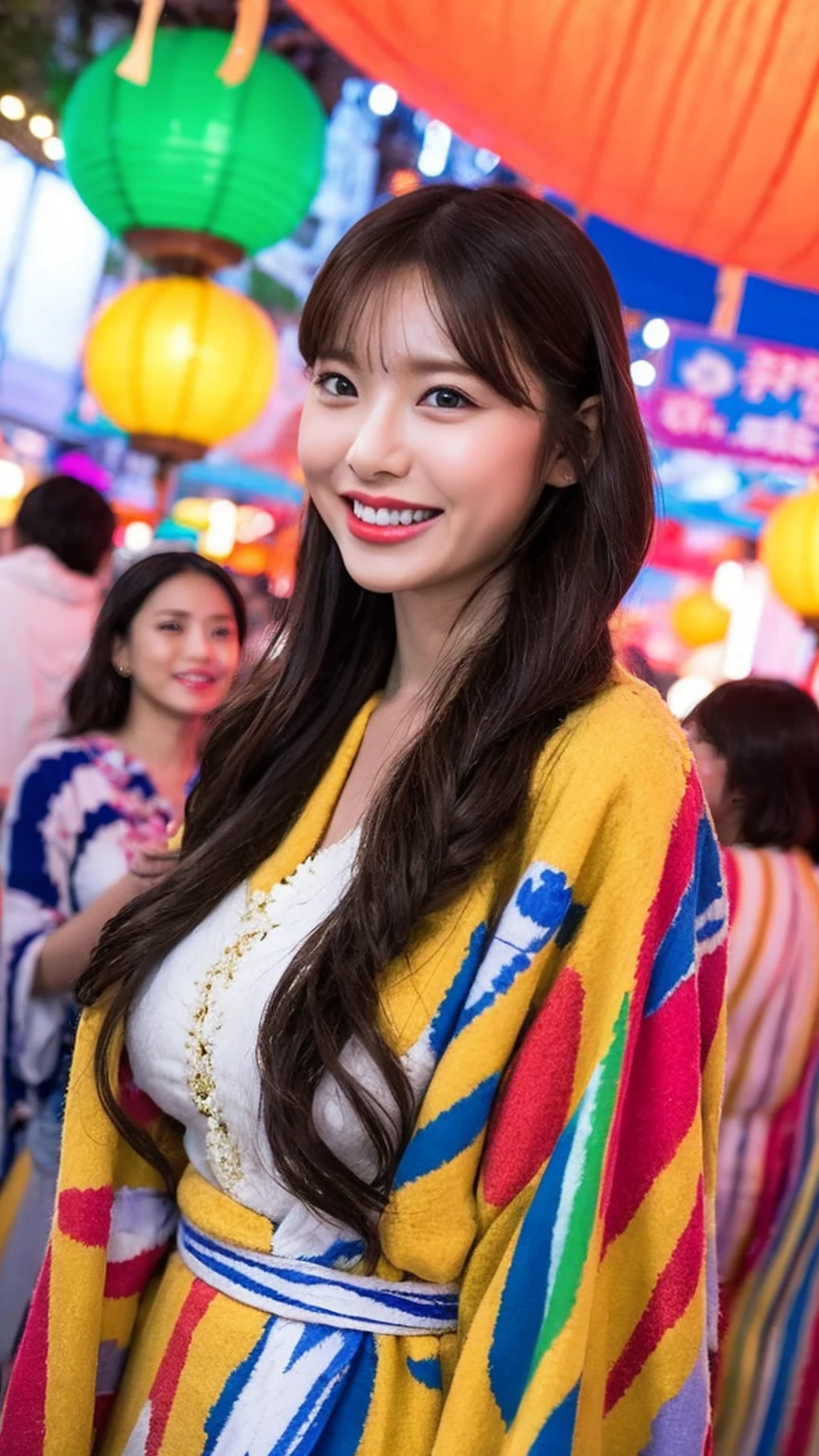 “A beautiful woman with a large chest wearing a traditional festival happi , smiling and enjoying the festival atmosphere. She has long, flowing hair and is standing against a backdrop of colorful festival decorations and lanterns. The scene is lively and vibrant, capturing the essence of a traditional Japanese festival.”
