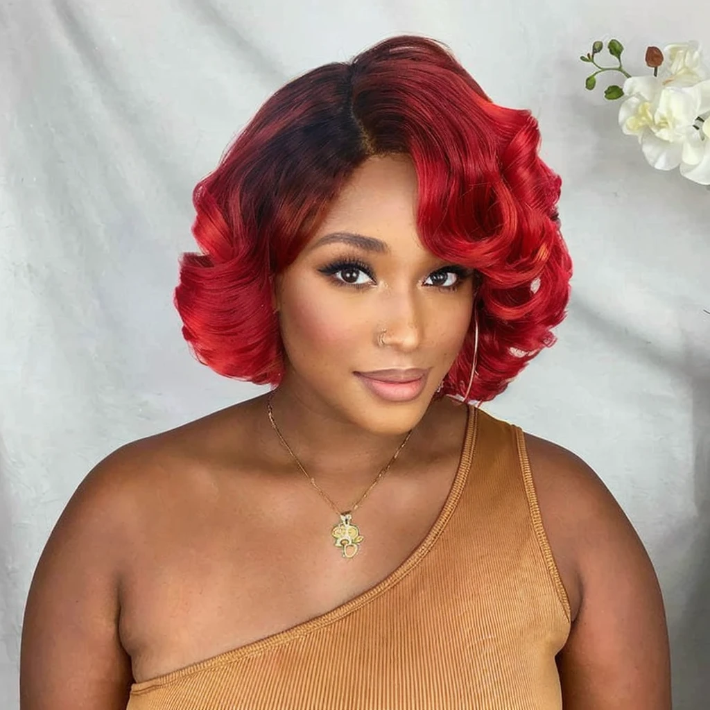 a close up of a woman with red hair and a brown top, red wig, with curly red hair, fiery red, red colored, dark thick smokey red fire, bright red hair, vibrant red, rich red, wavy vibrant red hair, with few fire red highlights, vibrant red hair, red dyed hair, colorful with red hues, red gold hair, red curled hair