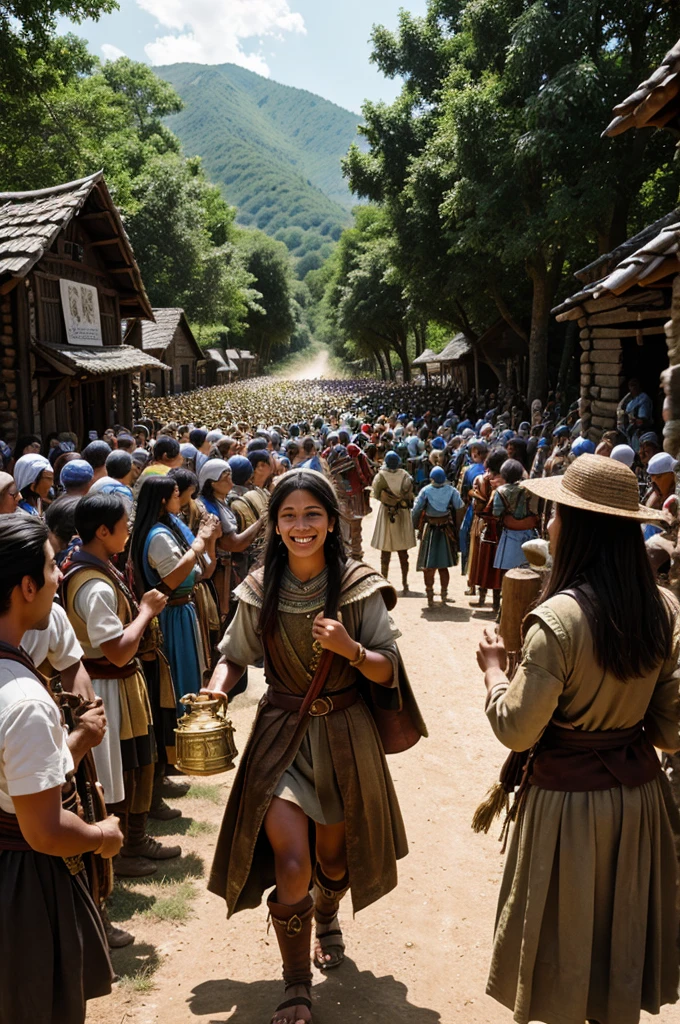The friends returning to the village as heroes, carrying the treasure.
   - The villagers welcoming them with admiration and celebration.