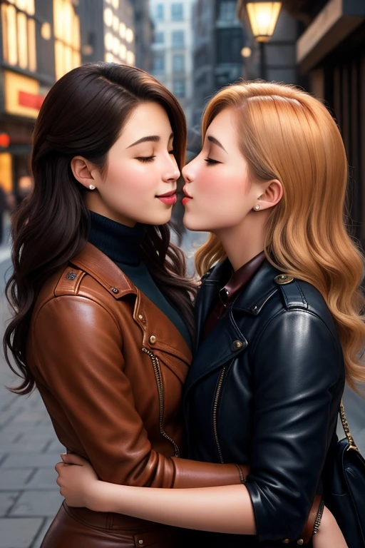 (masterpiece, top quality), lesbian love Incredibly beautiful young couple kisses passionately face to face on the street.. This illustration boasts a shining, loose hair,, accented with a leather pilot's hat, decorated with intricate decor.. Her outfit shows off a leather jacket.. Her punk pants and combat boots complete the ensemble... She poses dynamically and seductively., her charming facial expression, captured directly on camera, radiating an aura of confidence and defiance. Фон этого masterpieceа просто захватывает дух., with