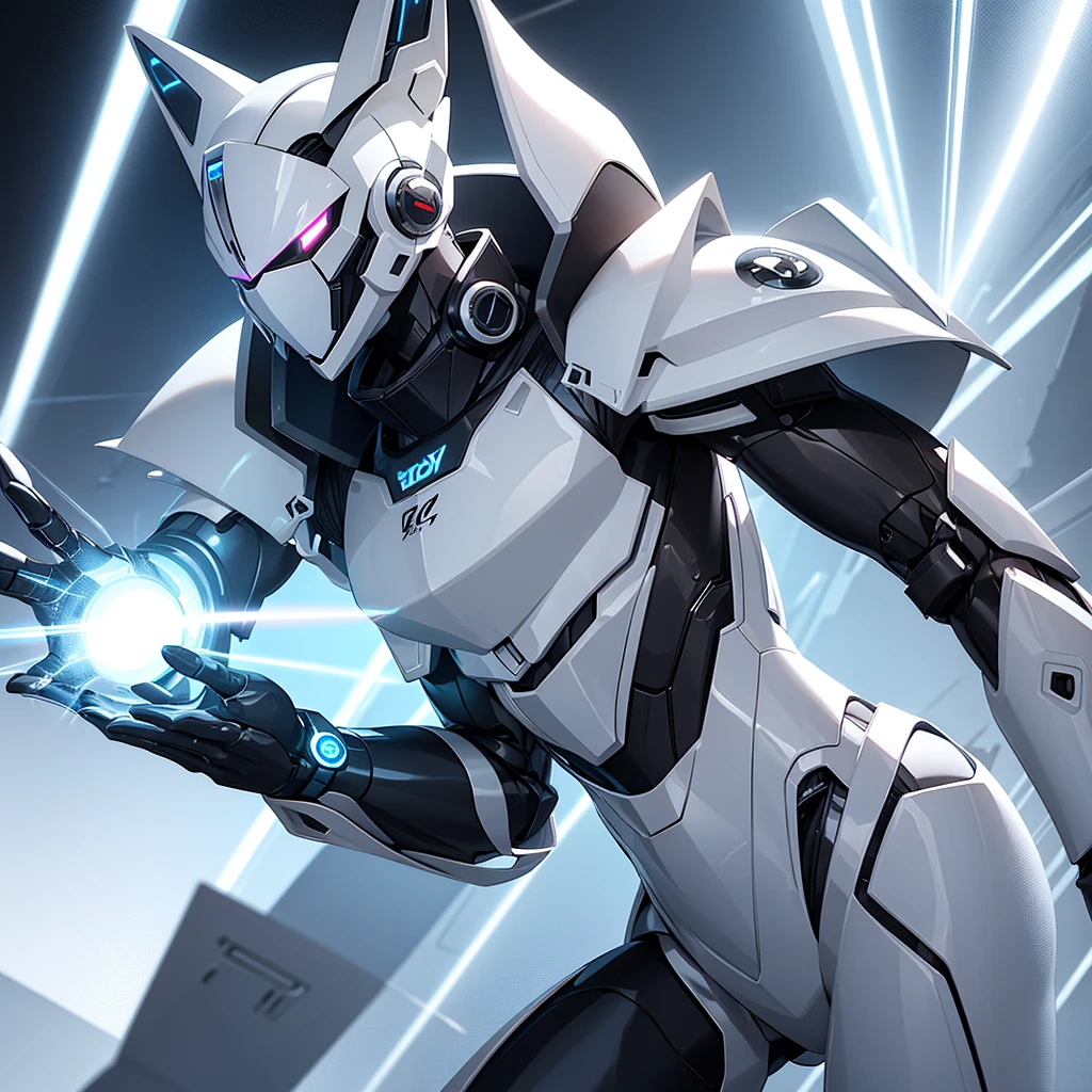 Draw the male humanoid robot rabbit with white armor under strobe lights in the club. The rapidly changing lights create a dynamic and captivating effect on his armor, reflecting the vibrant surroundings.